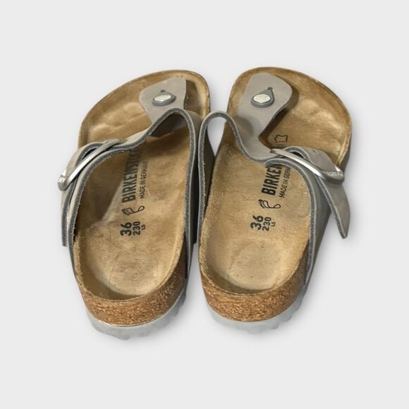 BIRKENSTOCK Gizeh Big Buckle 36 6 Nubuck Leather Dove Gray Silver Worn 2x Cork - Picture 7 of 9
